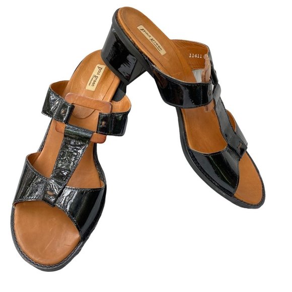 Paul Green Munchen 6 1/2‎ (fit US 8, 38) slip on heel sandals black patent - Picture 1 of 10